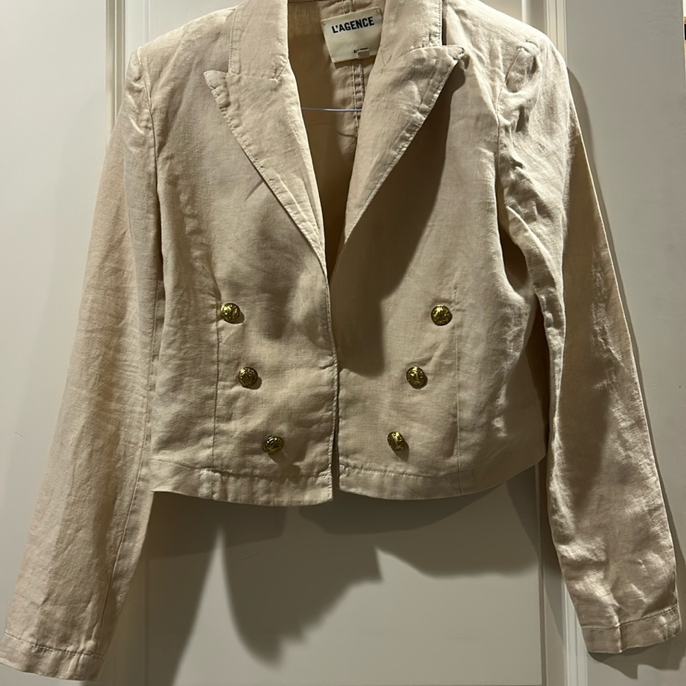 L’AGENCE 100% linen Boxy cropped military style blazer jacket size M